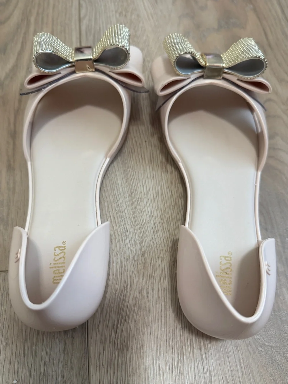 Melissa Seduction V Jelly Beige Flats with Textured Gold Bow Sz. 8 - Picture 3 of 12